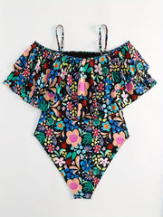  Floral Print Ruffle Trim One Piece Swimsuit