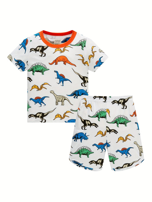 Boys Dino Print Pajamas Set Short Sleeve Top & Shorts