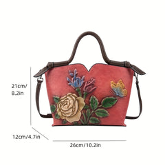 Vintage Red Leather Women's Handbag with Floral Embossing