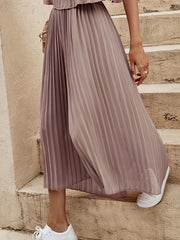 Solid Pleated Wide Leg Pants Cropped - Women's Clothing