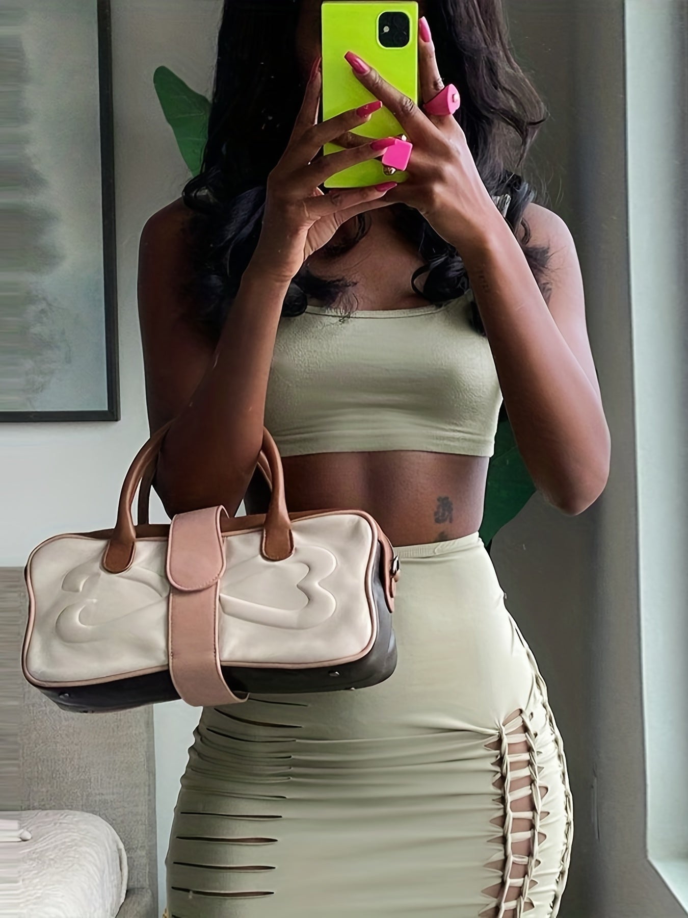 Sexy Solid Slim Two piece Skirt Set Crop Cami Top & Cut Out Skirt