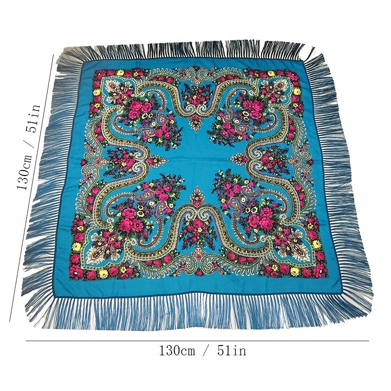 Boho Retro Large Square Scarf Floral Printing Tassel Headband Winter Shawl