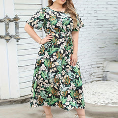 Plus Size Tropical Print V Neck Midi Dress