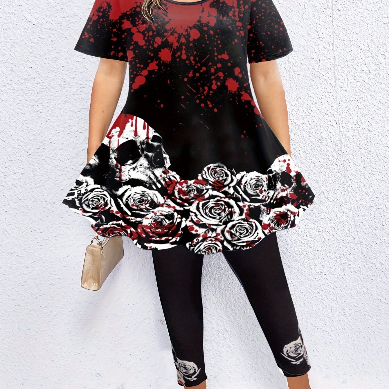  Gothic Rose Skull Print Top & Leggings Set