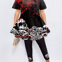  Gothic Rose Skull Print Top & Leggings Set