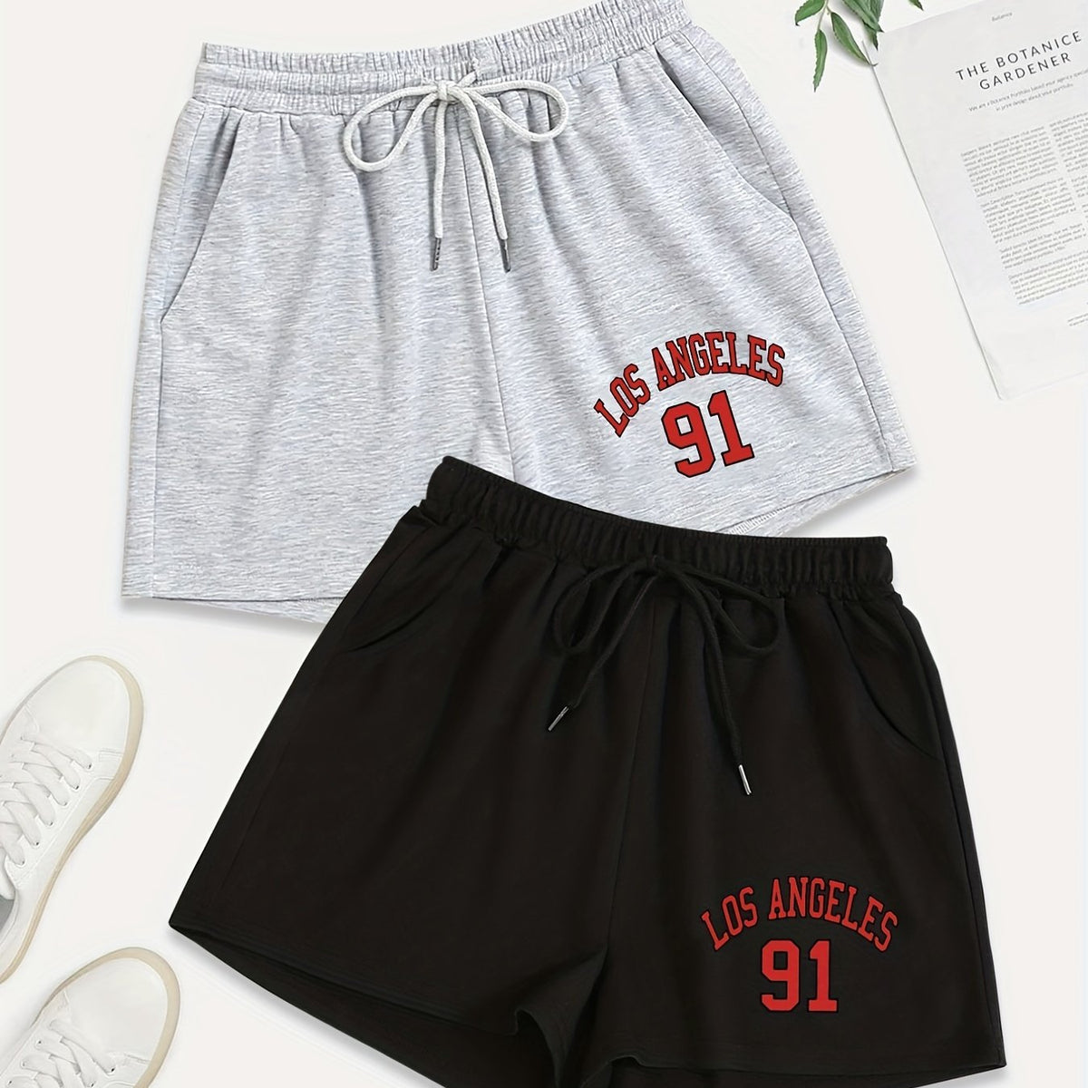 2 Pack Women's Plus Sporty Shorts Set - Letter & Number Print, Elastic Waist