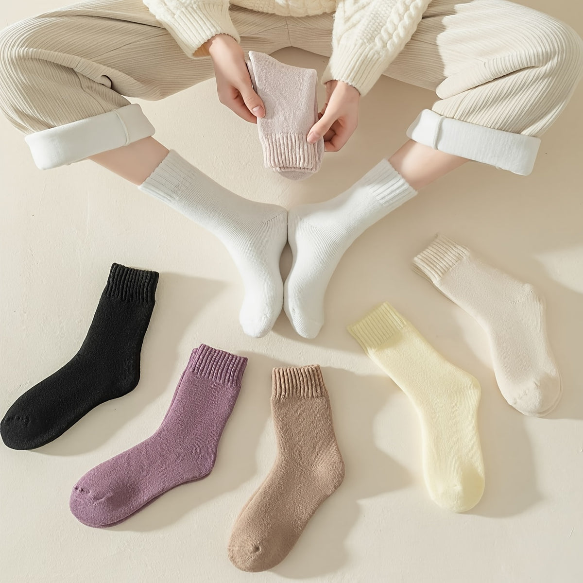 7 Pairs Soft Ribbed Solid Mid Tube Socks Women's Stockings & Hosiery