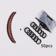 50 Hair Ties + 1 Solid Vintage Hair Clip Set Ladies Wave Comb Braid Hairstyle