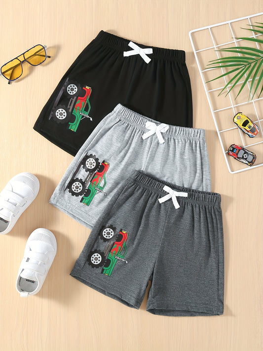 3pcs Monster Truck Print Boys Shorts Quick-drying for Summer