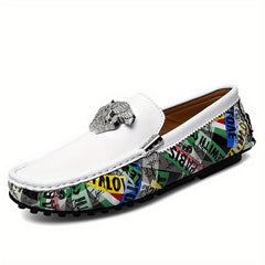 Men's Leather Loafer Slip On Shoes with Metal Decor