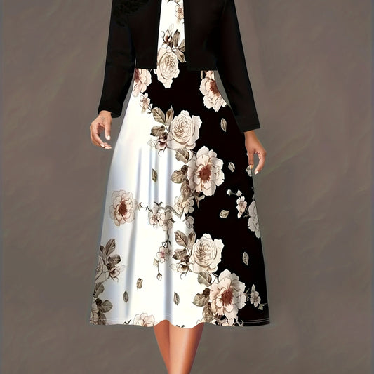  Colorblock Floral Print Dress & Cardigan Set