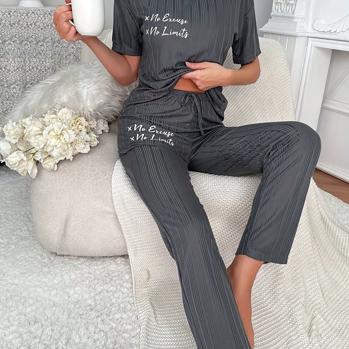 Letter Print Pajama Set Casual Short Sleeve Crew Neck Top & Lace Up Pants