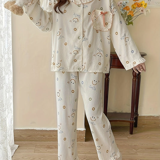 Smiling Face Print Lounge Set Long Sleeve Top & Ruffle Pants