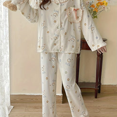 Smiling Face Print Lounge Set Long Sleeve Top & Ruffle Pants