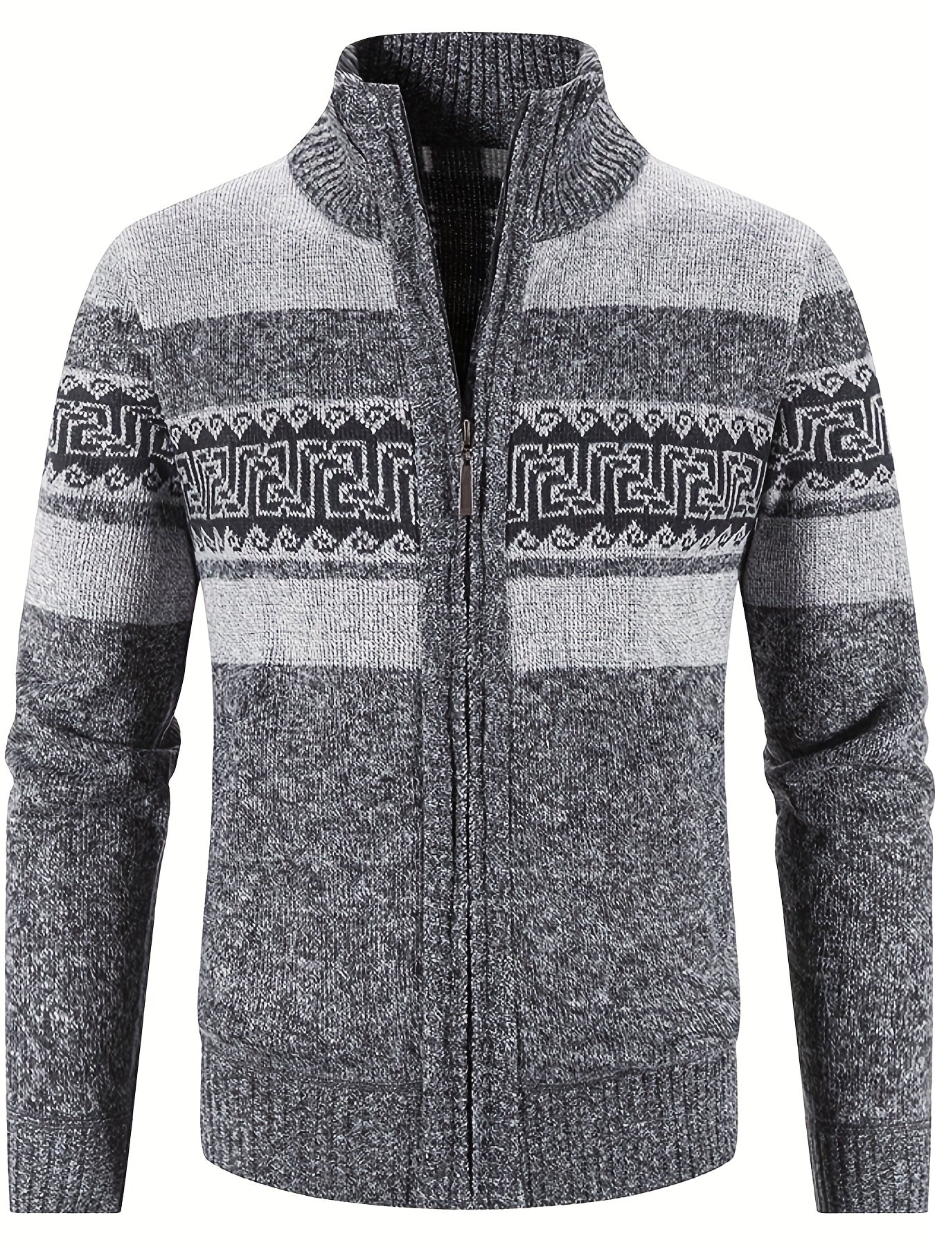 Geometric Pattern Stand Collar Cardigan Men's Zip Up Jacket