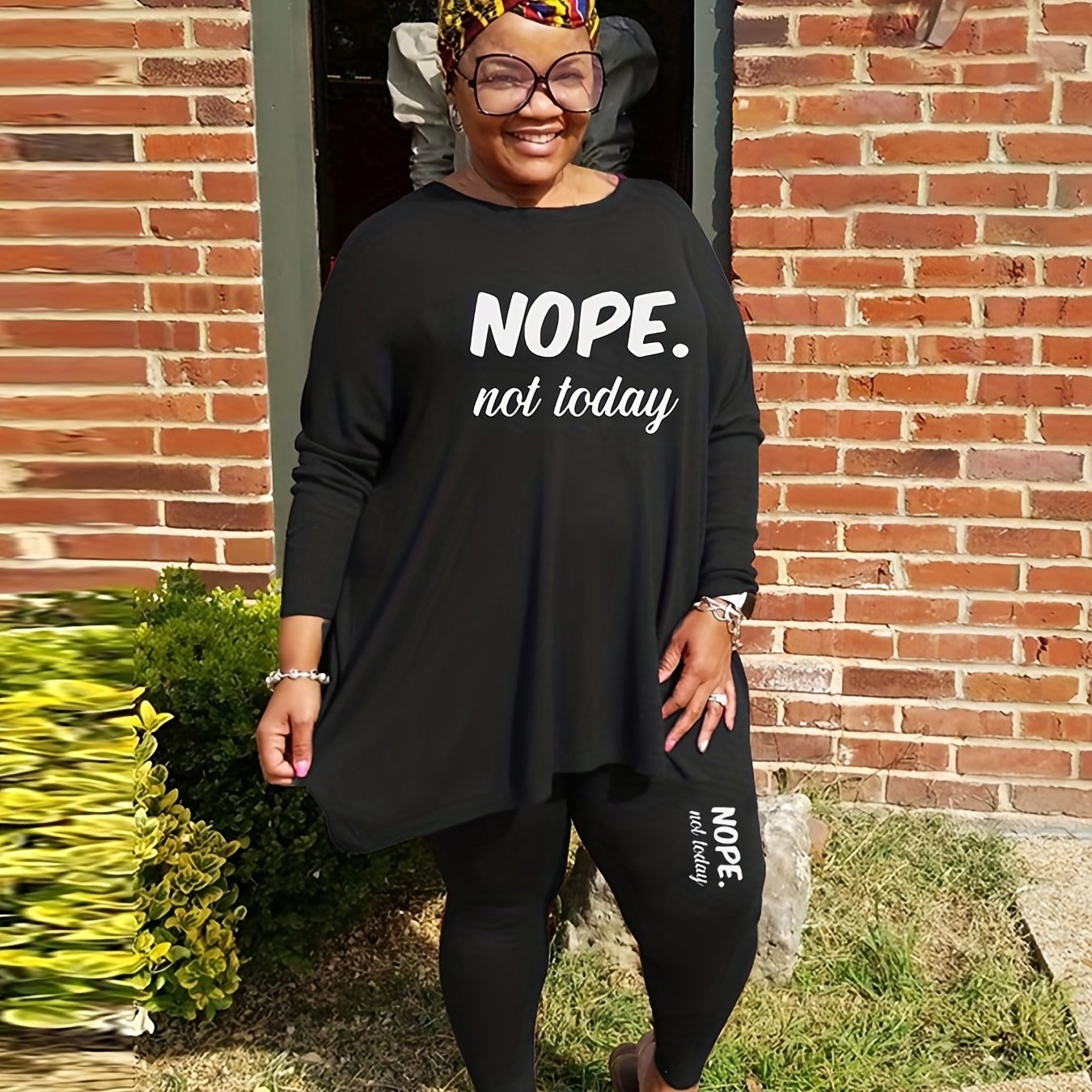 Slogan Print Tunic Top & Leggings Outfit Set