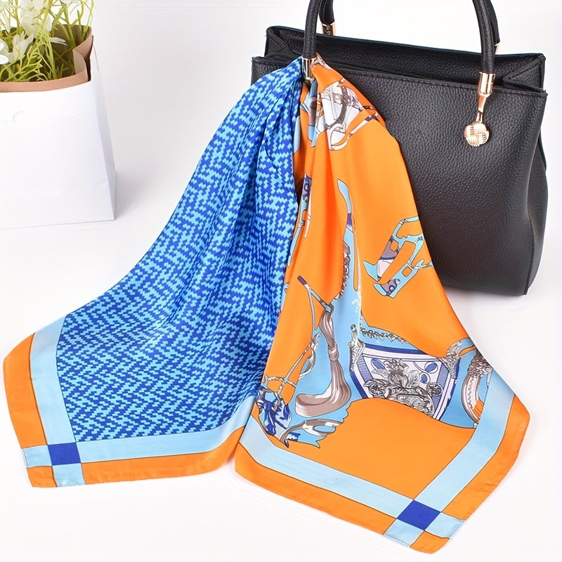 Horse Print Square Scarf Block Bandana Satin Shawl Silk Neckerchief