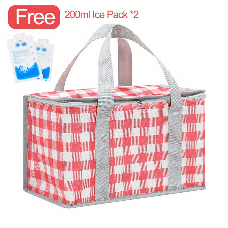Portable Plaid Picnic Basket With 2 Ice Pack Insulated Cooler Box Picnic Bag