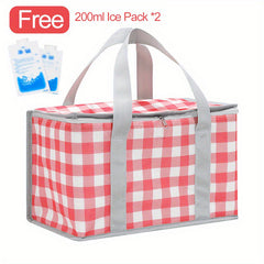 Portable Plaid Picnic Basket With 2 Ice Pack Insulated Cooler Box Picnic Bag
