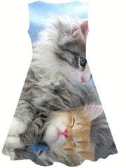 Casual Kitty Print Dress Girls Summer Party Gift