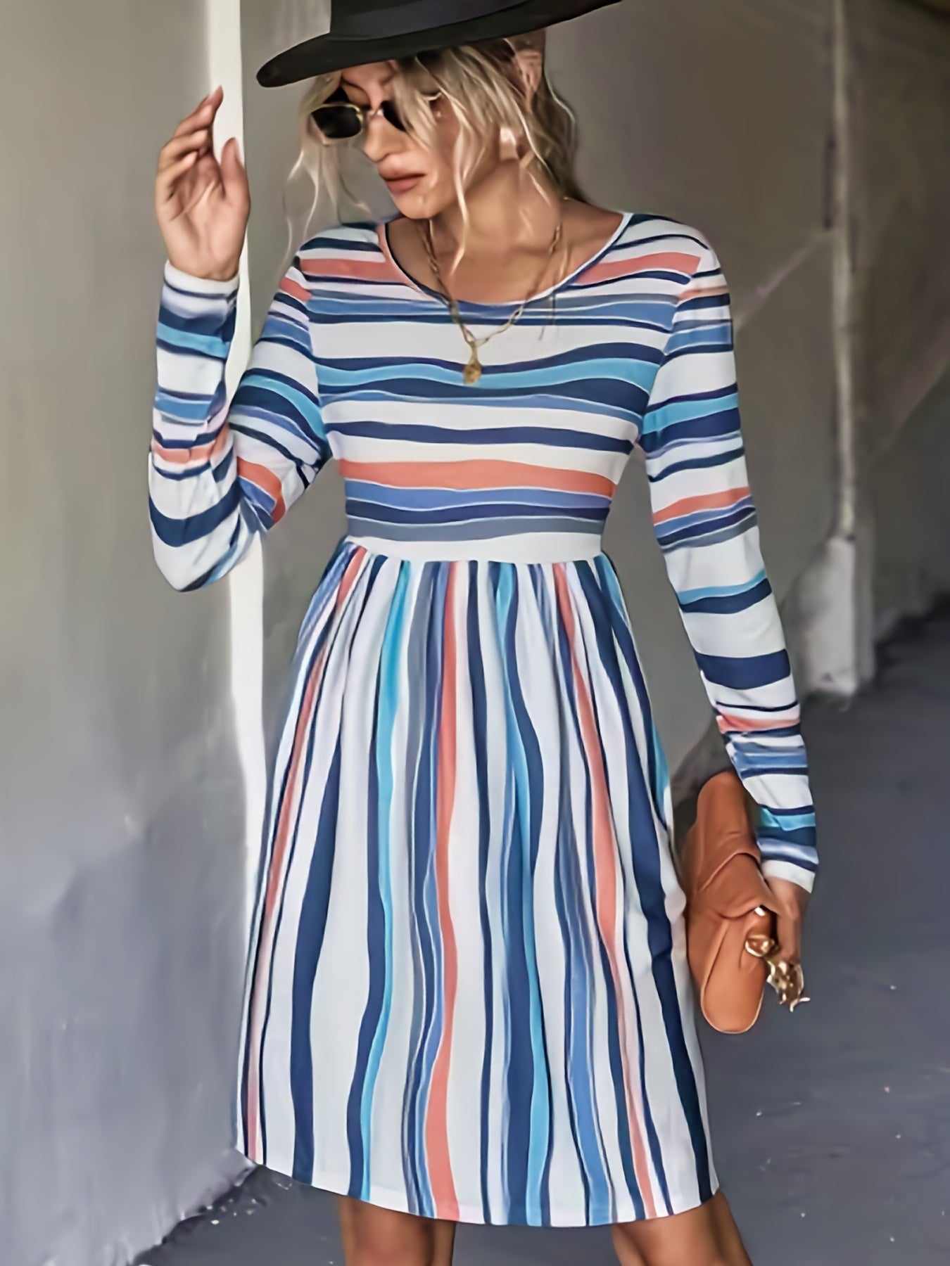  Women's Stripe Print Long Sleeve Casual Dress