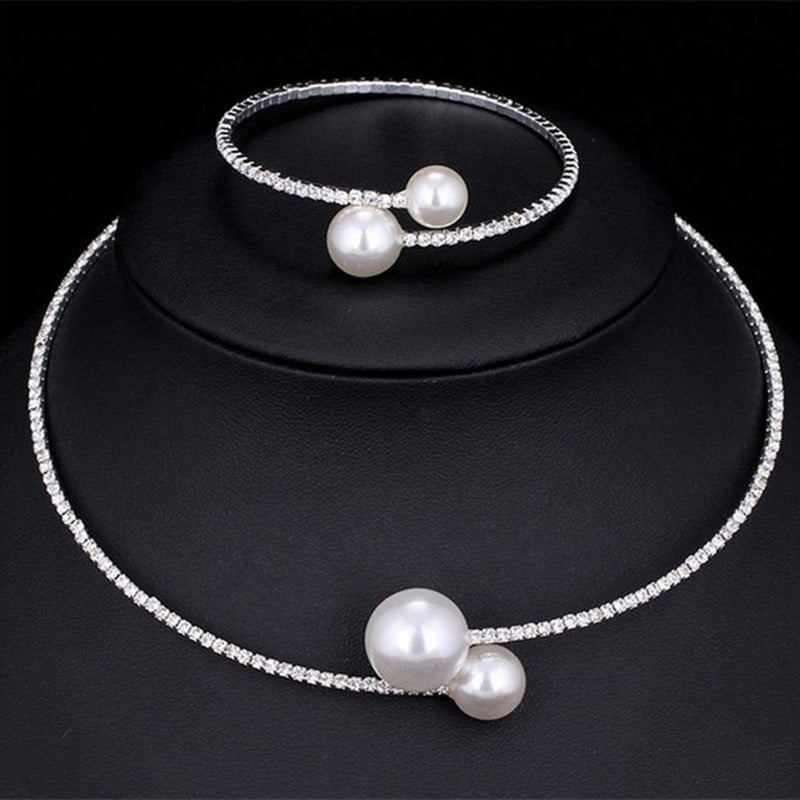 Rhinestone Faux Pearl Collar Necklace & Bracelet Set