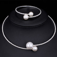 Rhinestone Faux Pearl Collar Necklace & Bracelet Set
