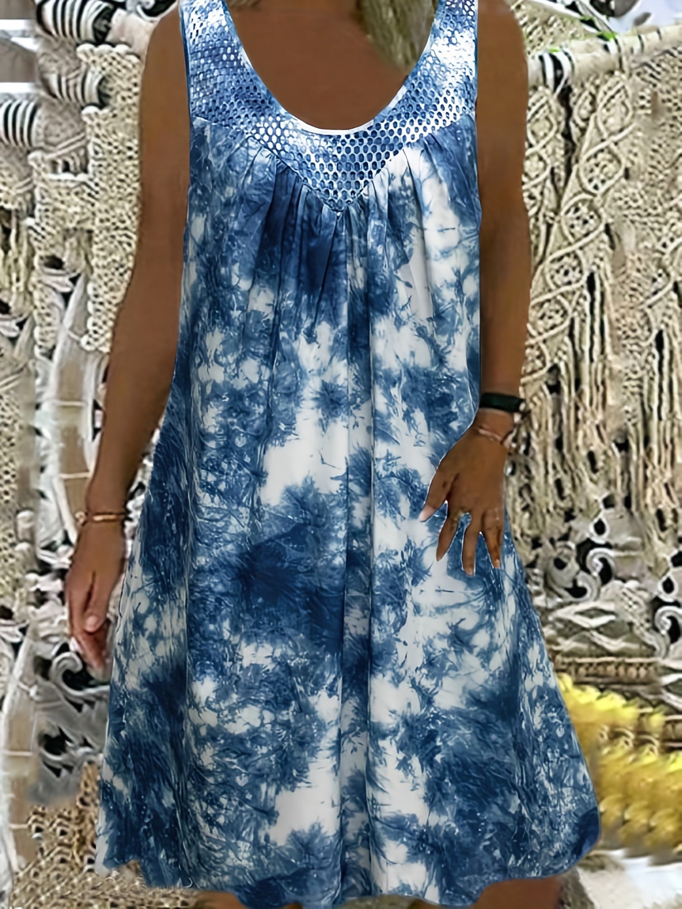  Tie Dye Eyelet Round Neck Tank Dress