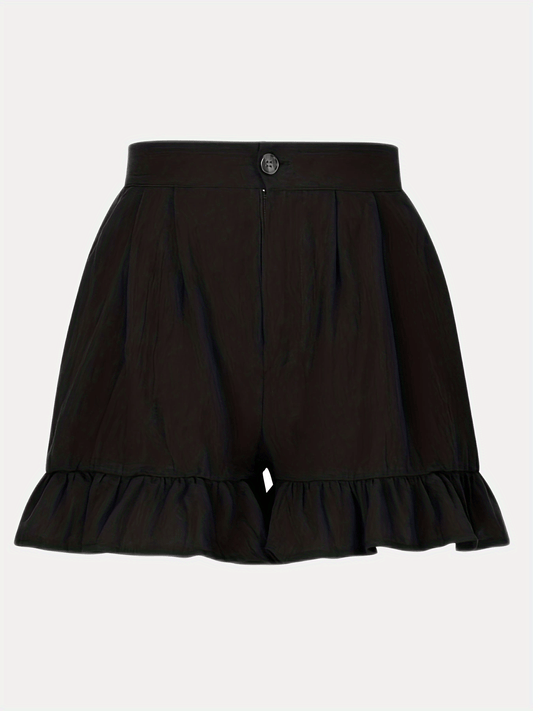 Women's Plus Size Button Fly High Rise Pleated Ruffle Trim Loose Shorts