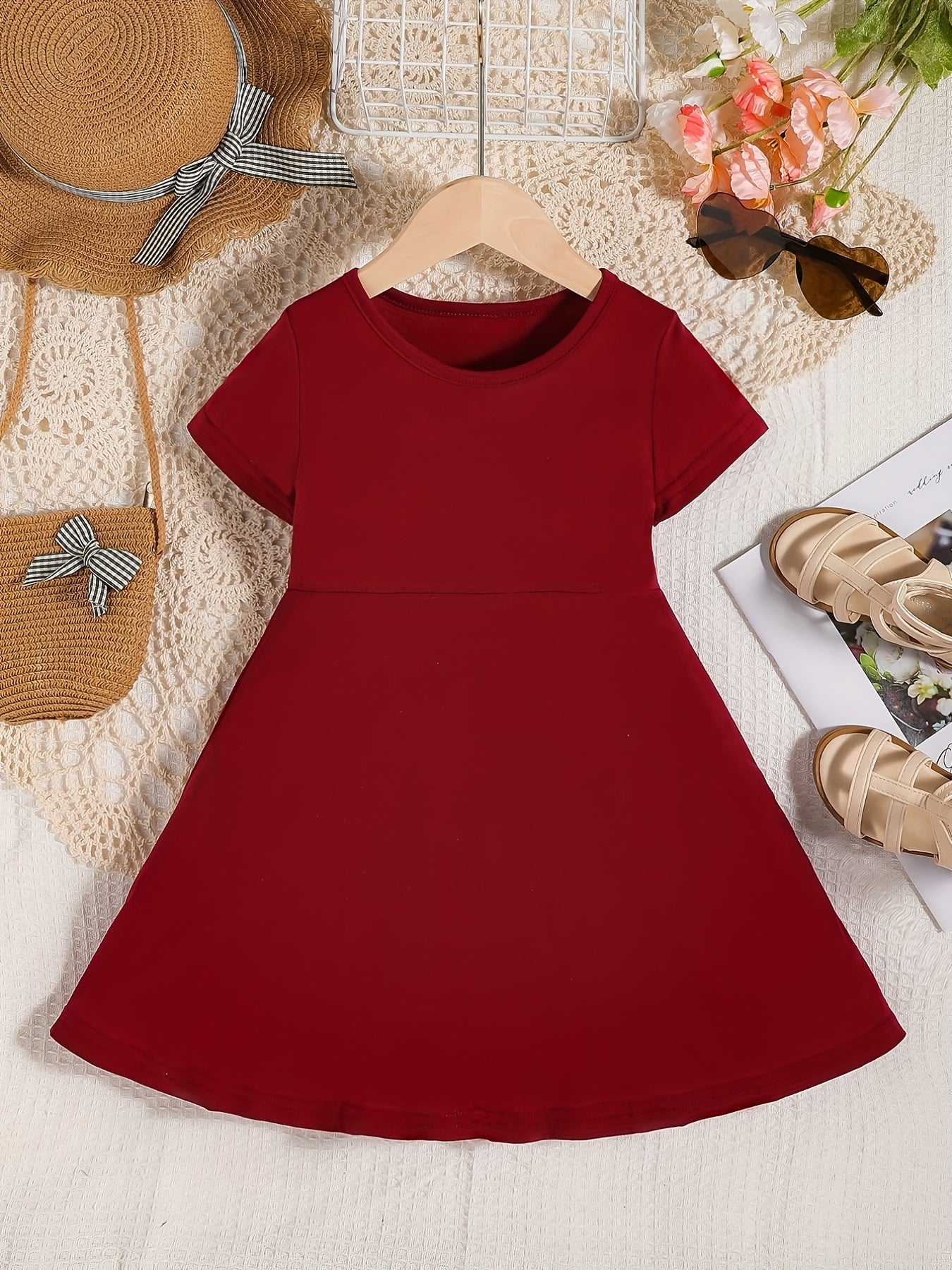 Girls Short Sleeve A-line Swing Skater Dress School Party Dress