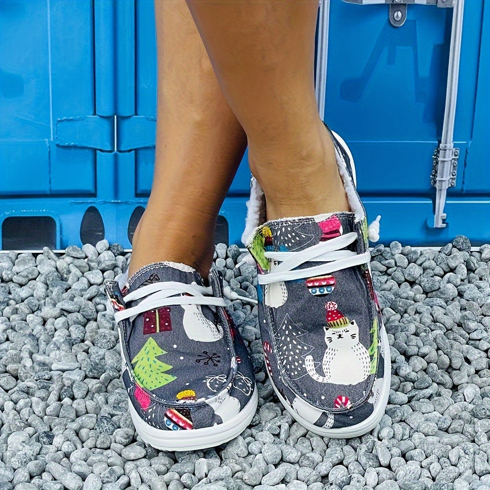 Women's Christmas Tree & Cat Pattern Flat Canvas Shoes