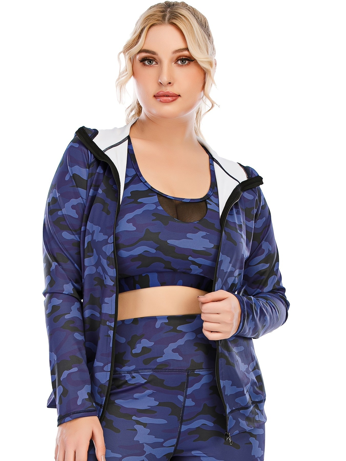  Camo Print Zip Up Hoodie Activewear Women's Plus Long Sleeve Coat