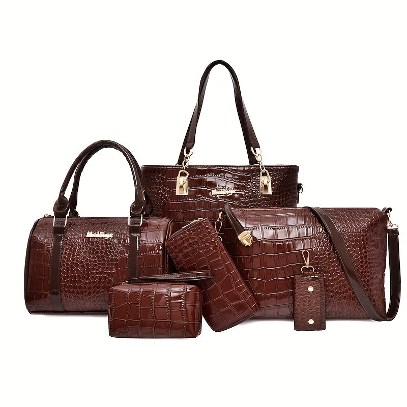 6 Pc Crocodile Pattern Bag Set Women's Shoulder Tote Handbag Crossbody Clutch Wa