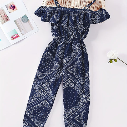 Girls Cold Shoulder Ruffles Ethnic Abstract Pattern Romper Jumpsuits Overalls