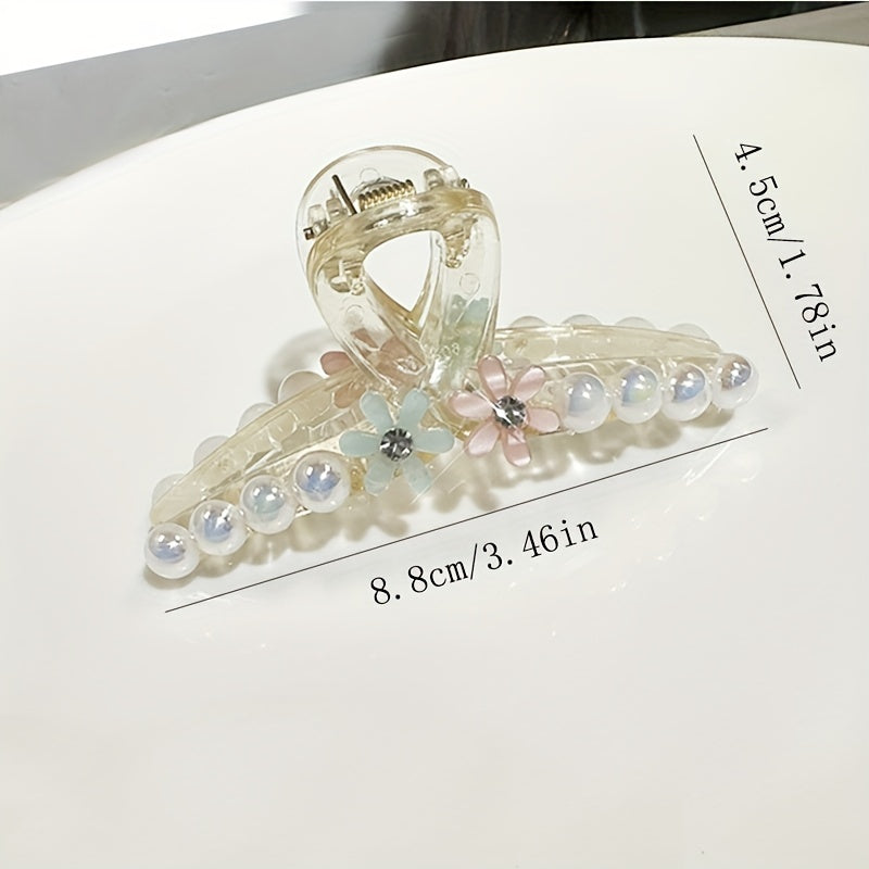 Faux Pearl Hair Claw With Flower Jelly Hair Claw Ponytail Holder