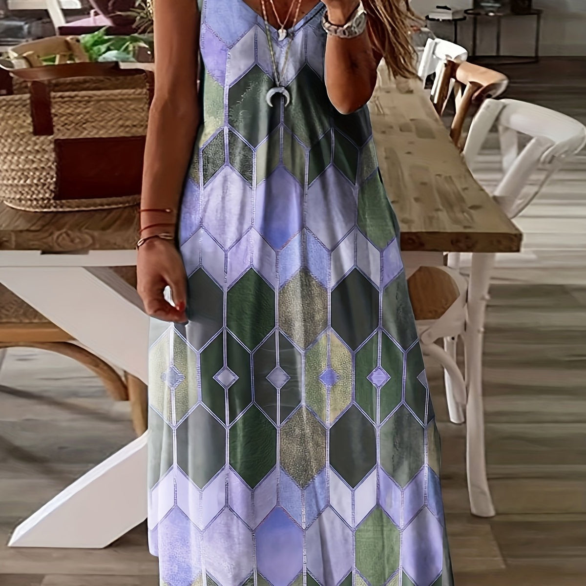  Geometric Print Cami Maxi Dress Spaghetti Strap V Neck Long Dress