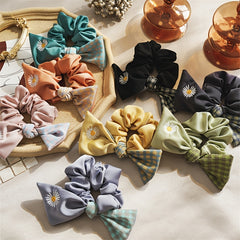 Daisy Embroidered Hair Ties Double Layer Bow Knot Hair Scrunchies