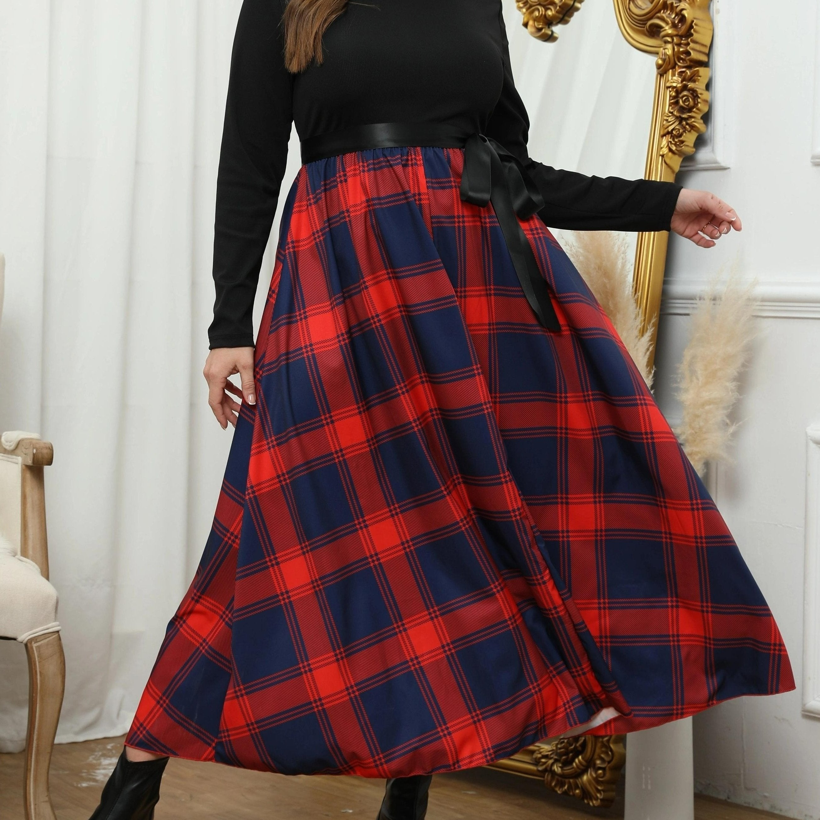  Colorblock Plaid Print Long Sleeve Round Neck Dress