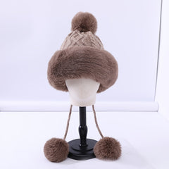 Fur Beanie Hat With Pom Pom Fuzzy Trapper Hat Ears Warm Knit Cap