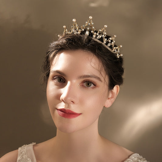Vintage Golden Crown Tiara with Coral Pearl Rhinestone