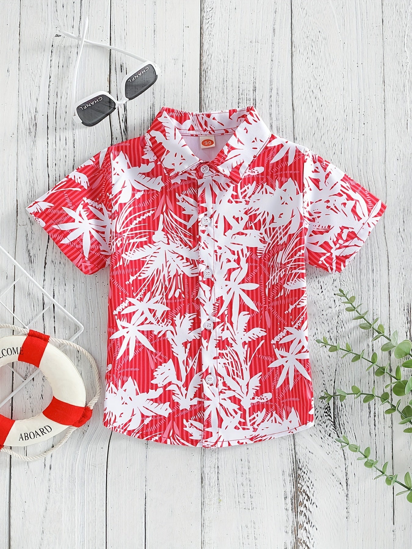Boys Leaf Print Short Sleeves Shirt For Vacation Beach Kids Summer Clothes