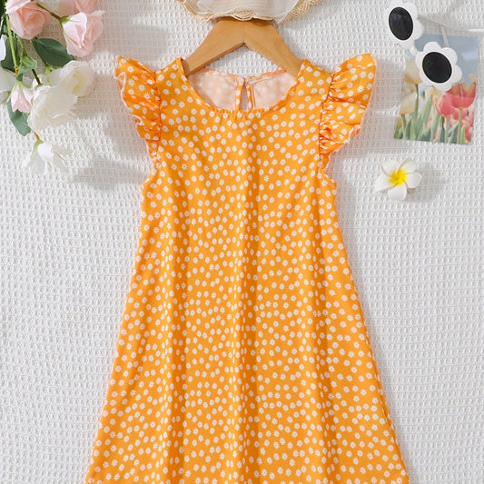 Girls Daisy Floral Print Ruffle Sleeve Dress