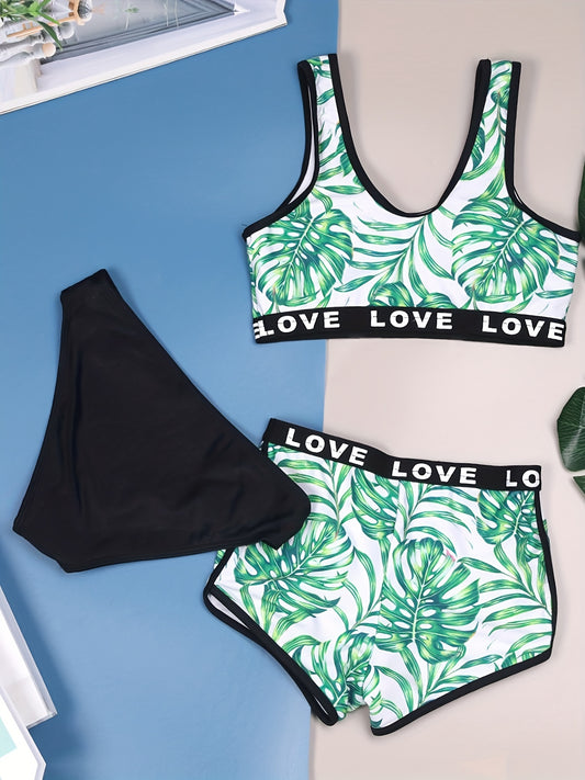 Girls Tropical Print Bikini Swimsuit Shorts Set for 7-12 Years