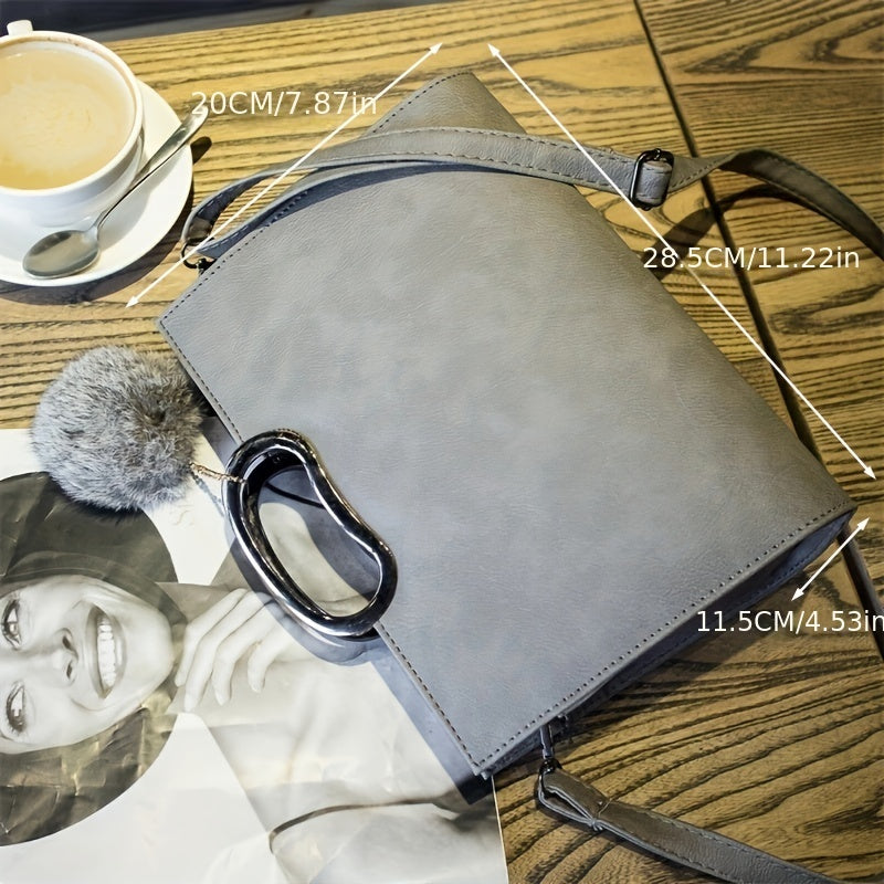 Classic Satchel Bag with Pom Pom Decor