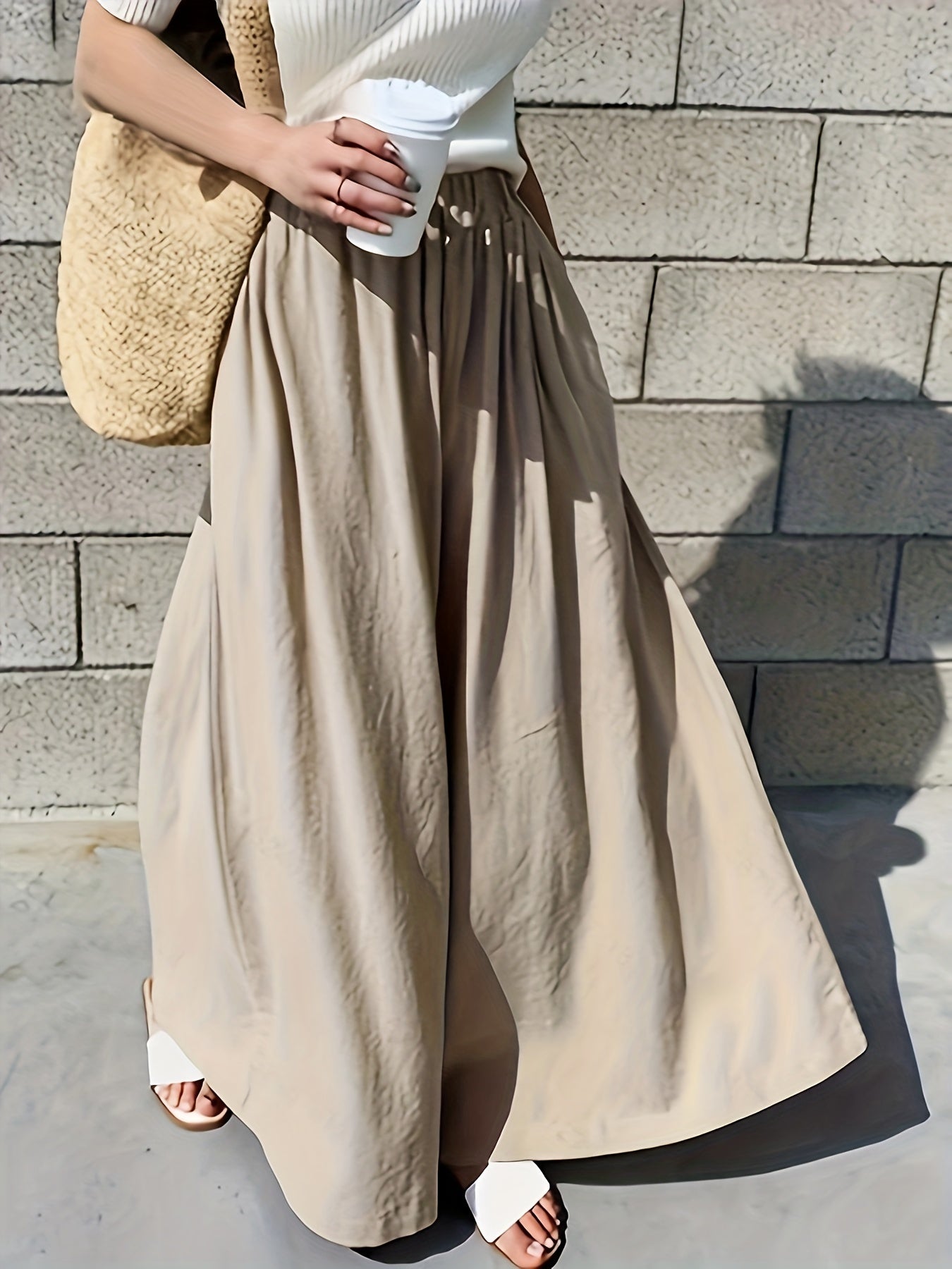  Solid Elastic High Rise Wide Leg Pants