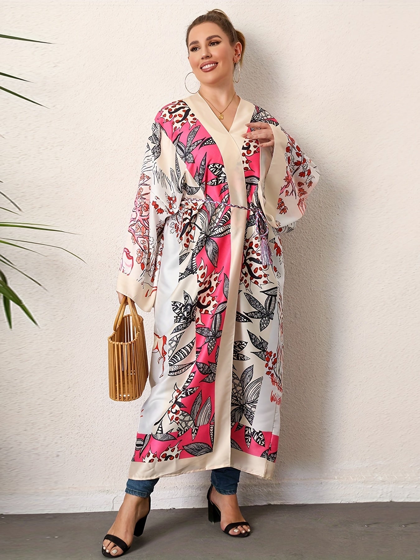  Boho Kimono Women's Plus Painting Print Long Sleeve Open Front