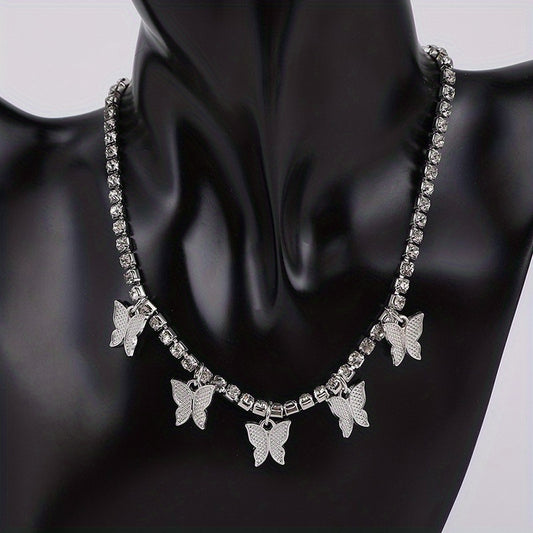 Double Row Butterfly Rhinestone Necklace