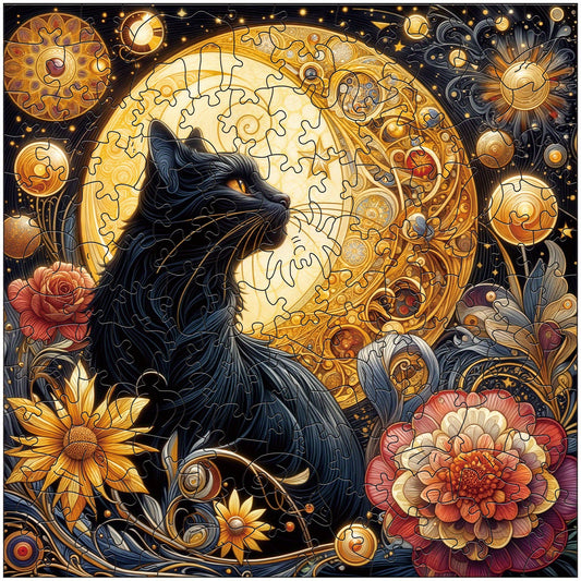 Celestial Fantasy Artwork Wooden Jigsaw Puzzle - Enchanting Cat & Moonlit Night