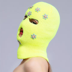 Green Rhinestone Flower Balaclava Y2K Ski Mask
