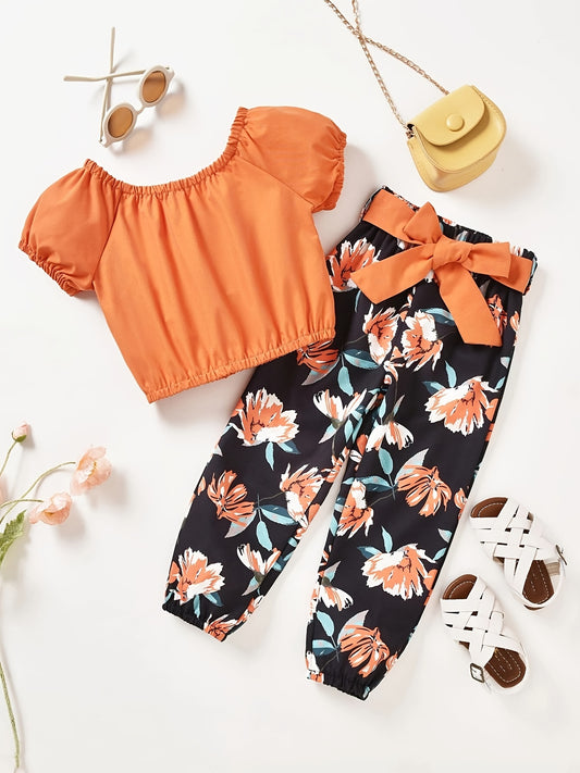 Girls Off Shoulder Crop Top & Flowers Print Pants Set